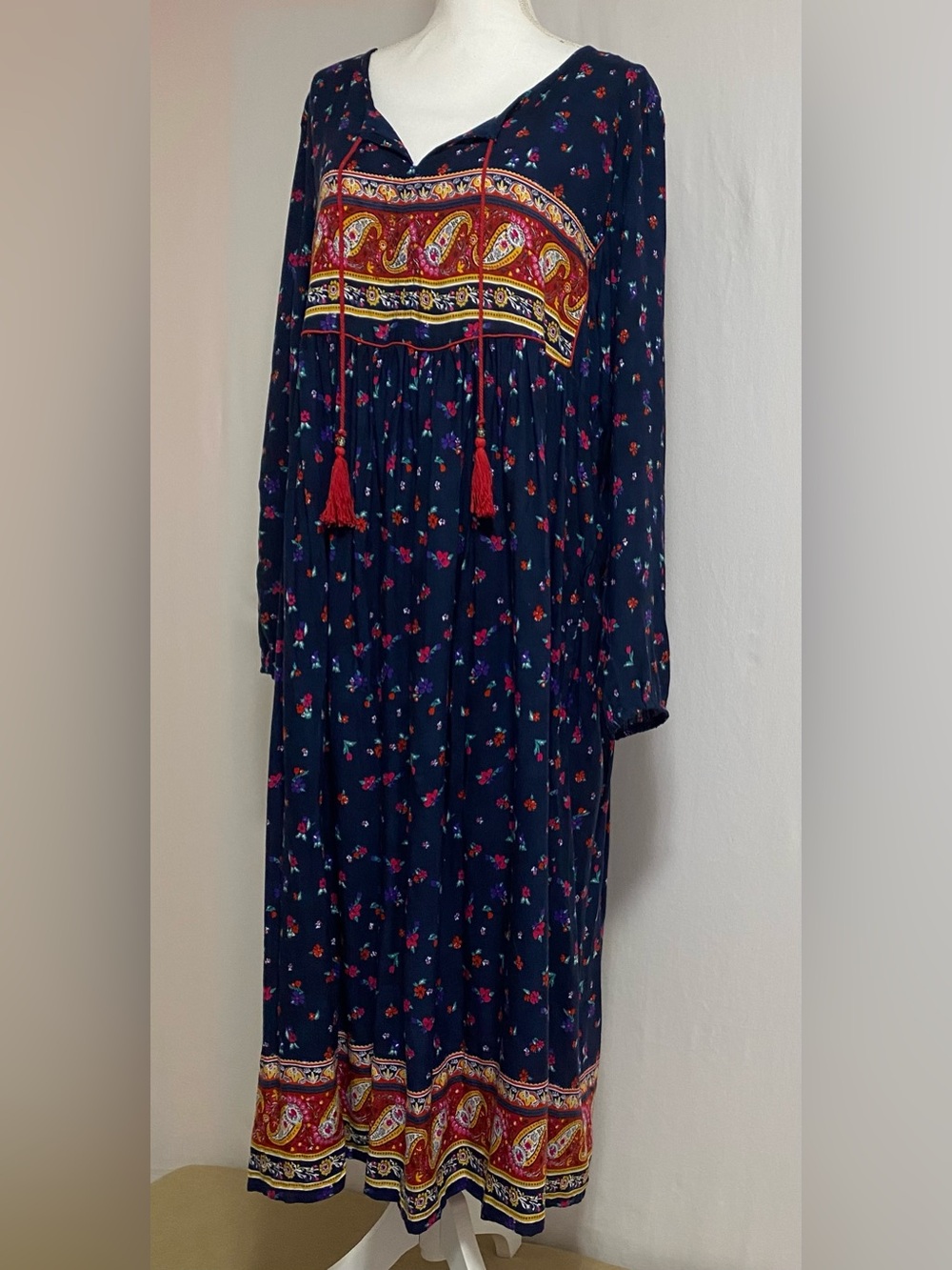 Expressions Navy Maxi Dress with Red Embellished Yoke